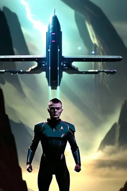 In this captivating photograph, the indomitable Captain Pike takes center stage, portrayed with hyper-realistic precision. Aged in his 20s, he dons an impressive Star Trek outfit that exudes a futuristic charm. The setting, infused with the essence of nature, sets the stage with a moody and electrifying atmosphere, illuminated by beautifully diffused lighting that casts intriguing shadows all around. As an intrepid explorer-hacker, Captain Pike's adventurous spirit shines through, while the back