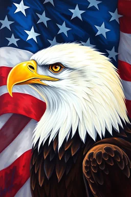 an expressive painting of an American eagle side view face with the American flag in the background, might see a companion with features of absolute strength and determination, blended with warmth and deep faith. Perhaps his head expresses wisdom and courage, with eyes radiating confidence and faith.