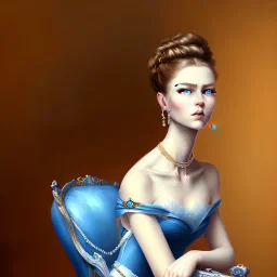 painting of an elegant lady sitting on a chair, perfect face, blue eyes, sharp focus, highly detailed