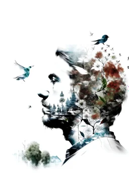 White background, double exposure, portrait of a man in profile, flowers, birds, branches, city, double exposure