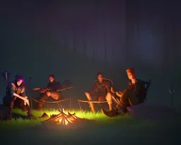 Adventurers resting around a campfire with a cooking pot in a forest clearing at night, starry sky, dark fantasy, high detail, high definition, big adventuring bags