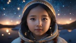 little very young Inuit girl, beautiful, peaceful, gentle, confident, calm, wise, happy, facing camera, head and shoulders, traditional Inuit costume, perfect eyes, exquisite composition, night scene, fireflies, stars, Inuit landscape , beautiful intricate insanely detailed octane render, 8k artistic photography, photorealistic concept art, soft natural volumetric cinematic perfect light, chiaroscuro, award-winning photograph, masterpiece, Raphael, Caravaggio, Bouguereau, Alma-Tadema