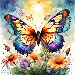Digital watercolor illustration, beautiful colorful highly detailed butterfly, landing on a bloom of a beautiful dew reflective flower, nature fantasy sunrise, by Waterhouse, Carne Griffiths, Johanna Basford, Os Gemeos, Stylized watercolor art, Intricate, Complex contrast, HDR, Sharp, soft Cinematic Volumetric lighting, deep vibrant lush luminous colors, perfect masterpiece