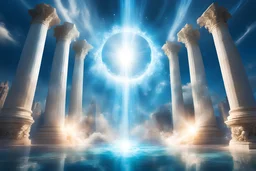 un cercle de cristaux de roche bleus et blancs flotte dans le ciel entouré d'un puissant faisceau lumineux, ville d'atlantis, il y a plusieurs colonnes avec des flammes blanches, présence d'ange