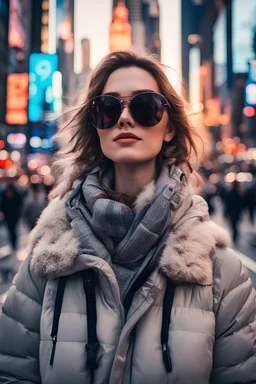 #image Use the same face and a full portrait of me in New York on the street with winter clothes and sunglasses with time square and a sunset in the background for iPhone wallpaper