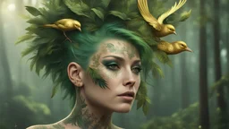 punk 45 years old, forest on head, plant hair, green plants, golden birds, golden makeup, tattoo, shiny aura, very detailed, fine rendering, high detail, high resolution, 8K