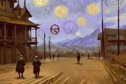 the three old men are walking down the street, in the style of van gogh, steampunk-inspired designs, synchronicity, charles vess, vernacular architecture, villagecore, serge marshennikov, subtle, earthy tones --style 4cojQM2tFLv0-1oQhPGLa7R0G --stylize 750 --v 5.2