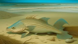 A surrealist painting depicts a hybrid creature with the lower body of a woman and the upper body of a fish, lying on a sandy beach.