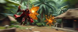 super duper mega rock star fairy thief priest dungeons magician throwing a wild magic spell that performs while flying at high speed through jungle village, background motion blur