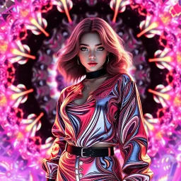 si fi a 3d recursive fractal environment color and light an extra beautiful supper modern girl wearing especial modern clothing gracefully posing full body shot