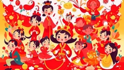 fantasy cartoon style illustration: chinese new year celebration