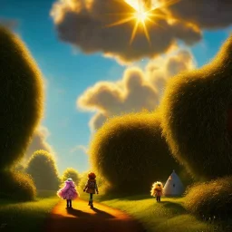 cute fluffy lion, scarecrow, tin-man, little girl on a journey into the woods walking on a yellow brick road, cute adorable pop surrealism, lowbrow art, realistic, street fashion, fluffy , pixar style, hyperrealism, rococo, Pixar, Disney, concept art, 3d digital art, Maya 3D, ZBrush Central 3D shading, bright colored background, radial gradient background, cinematic, Reimagined by industrial light and magic, 4k resolution post processing 8k resolution holographic astral cosmic illustra