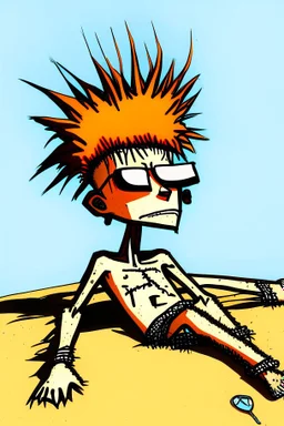 2d drawing of a stickman, cool with punk hair, x eyes like in hangman, no shirt, swim pants, laying down, tanning in the sun, 3d realistic in colour