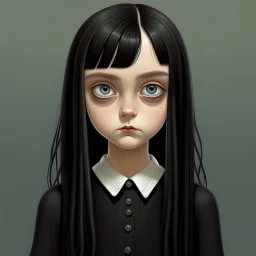 Wednesday addams, with bangs, in the style of Margaret Keane