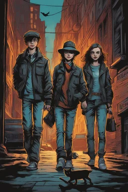 Design a detective book cover for teenagers. Three 15-year-old teenage detectives and a black cat in the centre, one boy on her left, the girl in the centre and one on her right are on the town street. Dynamic style, Banksy style, modern comic book style, mysterious atmosphere, modern clothes, streetwear, street look, Polish style, highly detailed, green eyes, brown eyes, ginger hair, brown hair, blonde hair,