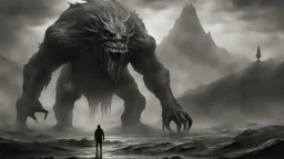 The described image presents an extremely horrifying scene with grayscale colors dominating the picture, creating a dark and eerie atmosphere. In this context, there is a massive, monstrous creature positioned prominently in the foreground of the image. This monster appears to be mythical and intensely frightening, characterized by its terrifying features and its colossal, imposing body that exudes immense power. When one looks at this monster, its face and eyes exhibit horrifying details, seem
