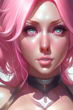 best quality,masterpiece, full body of a woman, eyes, nose,lips,pink hair,big cleavage,(anime woman:1.3), ,symmetrical eyes, soft lighting, detailed face, concept art, digital painting, looking into camera,3d,art by artgerm