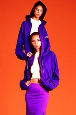 year 1996 fashion. Straight skirt, low waist. Combat hoodie with a top with long tippet, which continues to the hood, which goes across in the front. Colors: denim blue, blue, purple, cream, khaki, "pastel green", lilac, plum, orange, terracotta, red, light yellow, pink, dark blue, beige. Latex in small part. Sturgeons vulgarism pattern prints.. Missy Elliot, gwen stephani, Jennifer Lopez. Karjalainen kuvio, Karjala patterns tradiotional. Hat with a visor.