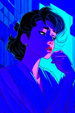 Create an intense, evocative portrait in the Japanese retro anime style of the 80s and 90s. The scene features a male bathed in deep blue light, leaning against a wall with her arms raised, eyes closed in a moment of raw emotion. Her attire is minimal, accentuating the curves of her body and the dramatic shadows cast by the lighting. The background is stark, with sharp contrasts highlighting the contours of her form. The blue and black palette intensifies the mood, evoking a sense of mystery a