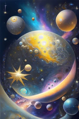 A 3D fantasy painting of an enchanted galaxy in space with bright and shiny silver and gold stars and colourful glittery planets.