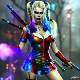 only harley quinn, fly hair, mist around, highly realistic, highly detailed, warrior armor, mist around, smoke