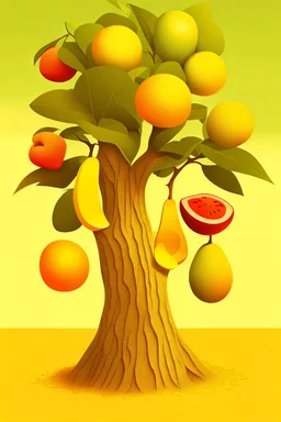 a stylized minimal primitive poster with various exotic anime fruit on a tree, in the style of multilayered realism, film/video, hd mod, massurrealism, architectural exterior, color moebius, elliptic