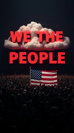 A field of random people in a dark lighting , at the top of the picture a huge 3D text for the words “WE THE PEOPLE “ in the clouds and a huge American flag in 3D