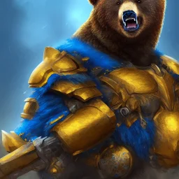 An angry bear warrior in blue and gold armor, background of Inka jungle, high detail, smooth, realistic, digital illustration, Artstation, artgerm,