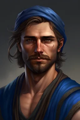 a man in his late twenties, olive skin, messy brown hair, long flat face, short facial hair, blue turban, in a blue vest, realistic epic fantasy style