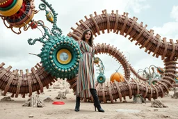 beautiful full body with long boots and midi dress lady in surreal world made of fractal random size modern mechanical basic objects with helical strip colors,geers, in clothing similar to environment full body posing to camera