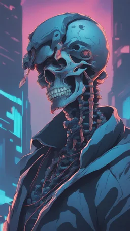 a close up of a person with a skull on their head, blue and black colors, anime skull portrait man, scary detailed art in color, hiroyuki-mitsume takahashi, nychos art aesthetic, half man half skeleton, anime cyberpunk art, colored manga art, rossdraws pastel vibrant, hot colors. insanely detailed, beautiful anime portrait, stunning anime face portrait, scary art in color