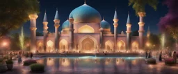 Hyper Realistic lots of people in a Huge multicolor rustic wall textured Mosque with beautiful fountain inside a garden at beautiful night with decorative lights