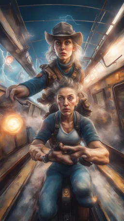 fisheye lense, hypnotic portrait of a yoga instructor on a horseback,flashy magazine cover illustration, fallout 4 docks setting, horror weird cowboy wizard cyberpunk weasel in female garments on top of train ,holding dynamite, getting hit by lightening electric arc, with big disturbed eyes,bokeh like f/0.8, tilt-shift lens 8k, high detail, smooth render, down-light, unreal engine, prize winning