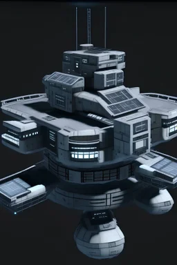 digital art of a realistic grey space station with a docking bay, viewn from a distance, black background