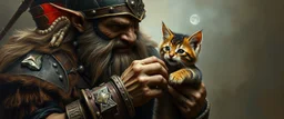 master oil painting by Rembrandt, fantasy orc soldier holding and petting a happy kitten