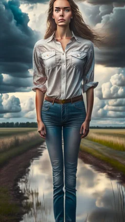 full body shot of a pretty woman, dressed in shirt, full body portrait, nice perfect face with perfect face, hyper realistic concept, 8k resolution, photography quality, posing for a photo, photo realistic, standing in country side with a small river,nice cloudy sky