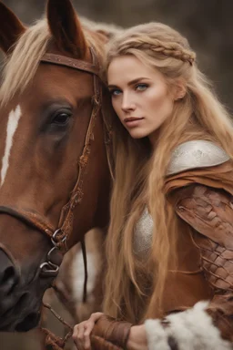 A beautiful woman with blond hair, viking braids Brown leather armor. Horse