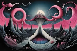 got to be crazy Raving and Drooling || horror surreal tribute to Pink Floyd, expansive, sharp focus, in the styles of Gerald Scarfe and Yves Tanguy and Ian Miller and Kenny Sharfe, intricate details, visceral textures