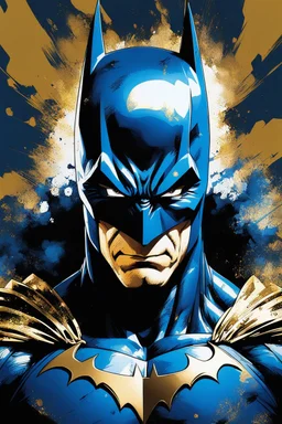 Poster, split in half, one side "batman", other side "Goku", midline of the face, painting by Yoji Shinkawa, dark blue and GOLD detailed iridescent, metallic, translucent, dramatic lighting, hyper futuristic, digital art,