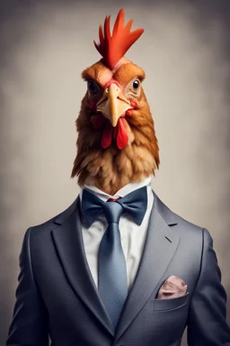 Chicken dressed in an elegant suit with a nice tie. Fashion portrait of an anthropomorphic animal, bird, hen posing with a charismatic human attitude