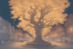 FAll golden tree under street lights on Halloween by James Jean