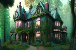 fantasy victorian house surrounded by forest