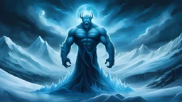 An inhuman monstrous fearsome ice wraith, floating hovering, evil spirit, bright blue eyes, a shimmer of blue magic; frozen landscape, glacier in the background; dark skies, night time, full moon, storm clouds;