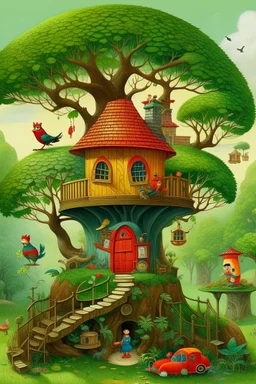 Une petite maison en bois, perchée au sommet d'un grand arbre aux branches robustes, au milieu d'une forêt dense et verdoyante. La maison a des fenêtres rondes, une porte rouge et une cheminée qui fume. Des oiseaux colorés et des écureuils curieux se promènent autour de la maison, tandis qu'un ruisseau scintillant coule à proximité.