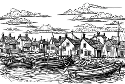 English fishing village blotchy ink minimalist loose outline sketch in blotchy thin lines line art