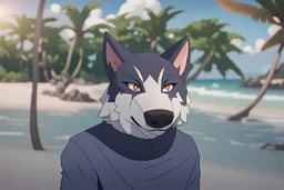 The beautiful and perfect portrait is on the tropical island, anime, anthropomorphic wolf, a male character on the beach for the magazine, 8K resolution, high quality, ultra graphics, and detailed with lines.