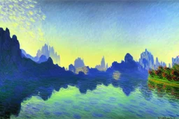 Mountains behind Cyberpunk buildings, lake, science fiction, concept art, realistic vision, claude monet impressionism painting