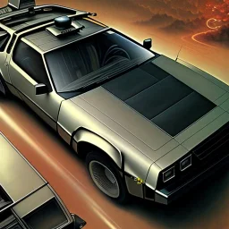 hyperrealism Drawing of '1981 DeLorean DMC-12' three quarter frontal aerial view, by gaston bussiere, greg rutkowski, yoji shinkawa, yoshitaka amano, tsutomu nihei, donato giancola, tim hildebrandt,oil on canvas, cinematic composition,Sharp detail,extreme detail,fit full head inside picture,16k