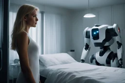 [replicant] a blonde 40yo woman stands before a sleek, humanoid robot in her bedroom. She gazes at the soft and warm machine with a mixture of curiosity and longing, her heart pounding in anticipation of what is to come.With a hesitant but determined step, she reaches out and touches the robot's cold, smooth surface.