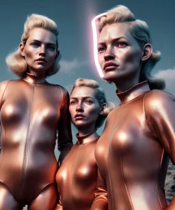 Ultra Realistic retro sci-fi movie scene, waist up view portrait, 3 clones blonde women, sweet young Kate moss face, perfect iris, glow eyes, face makeup. Mars and martians background, Retro sci-fi style, helmet, tight latex coat, fog, rain, soft color, highly detailed, unreal engine 5, ray tracing, RTX, lumen lighting, ultra detail, volumetric lighting, 3d, finely drawn, high definition, high resolution.